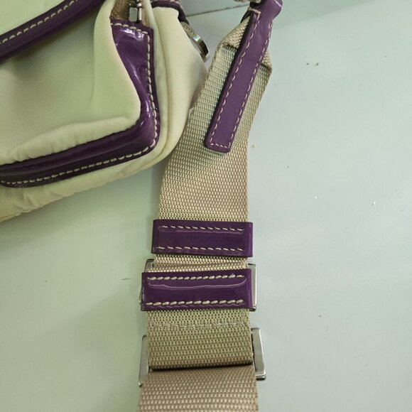 Prada Vintage Tessuto Beige Cloth Rare Purple Patent Leather Trim Crossbody Bag